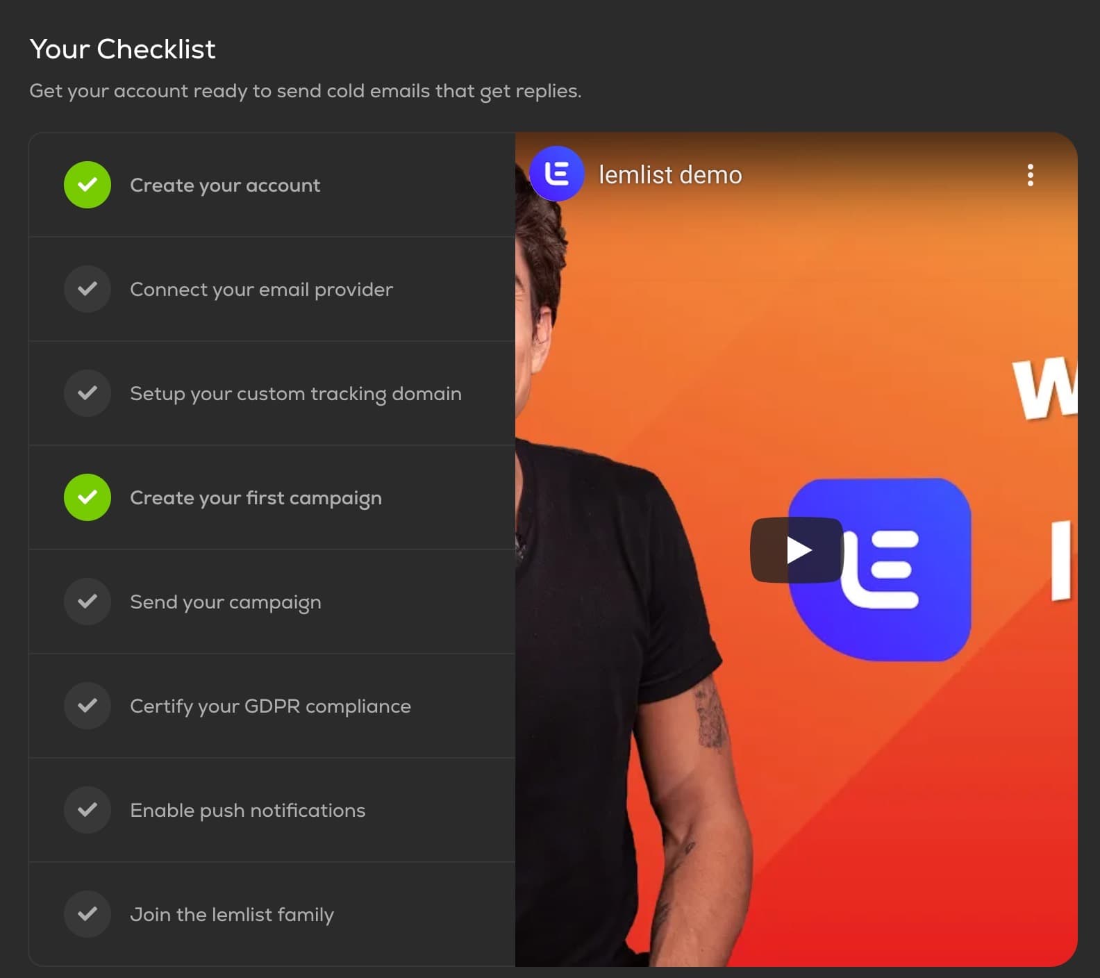 Lemlist checklist of eight setup tasks, two of them ticked, beside a lemlist demo video