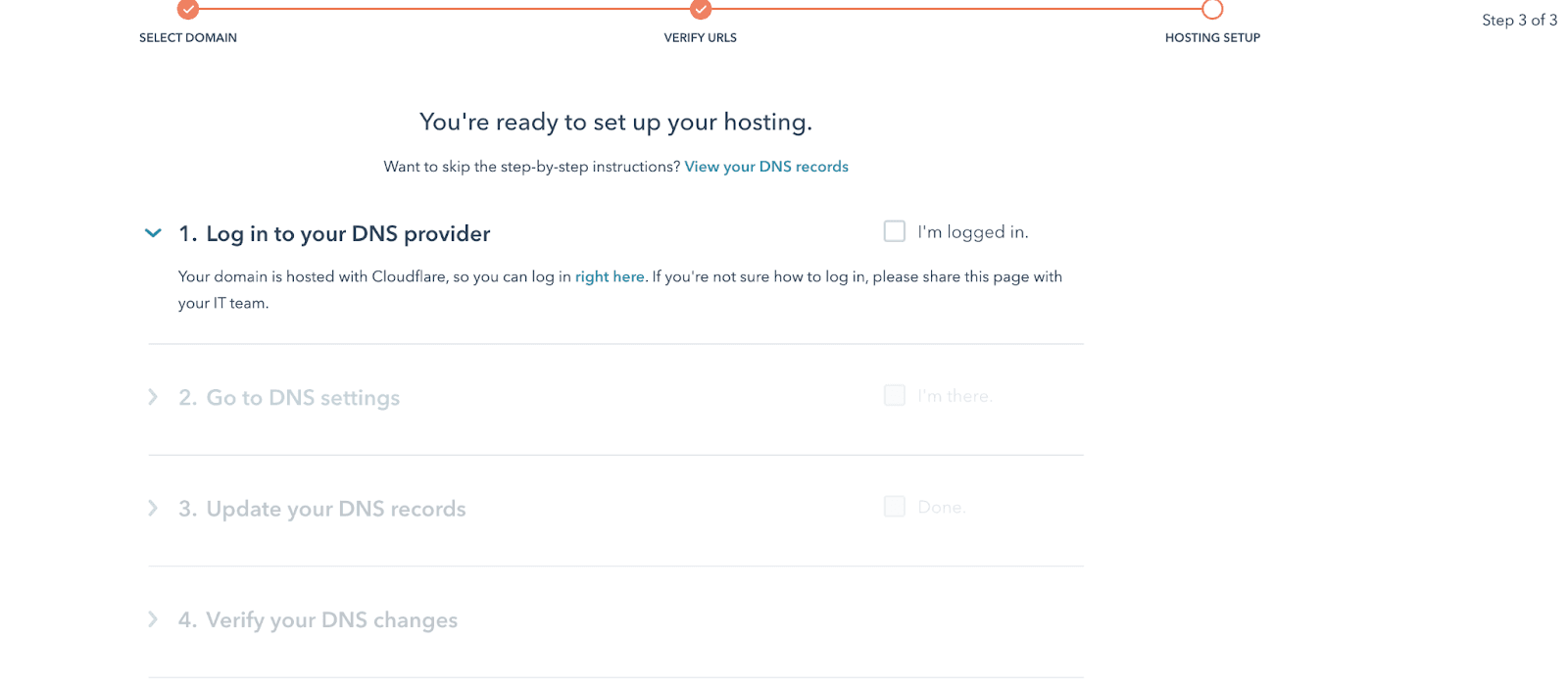 HubSpot hosting setup at step 3 of 3, with a progress bar and four collapsible DNS steps, each with a checkbox