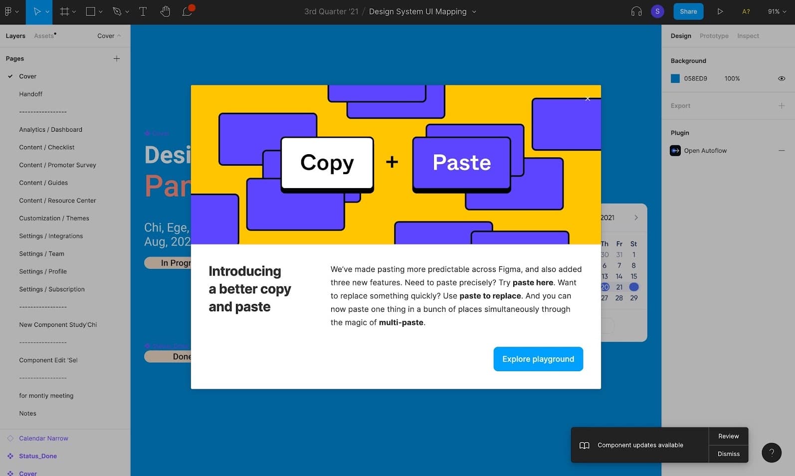 Figma announcement modal with a yellow Copy + Paste banner, three bold feature names and an Explore playground button
