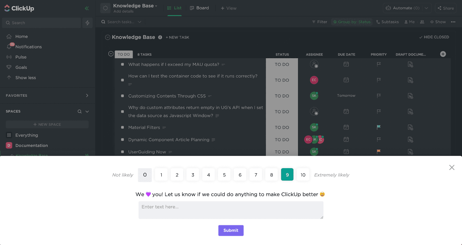 ClickUp NPS survey bar under a task list, with 9 selected on a 0 to 10 scale, a comment box and Submit button