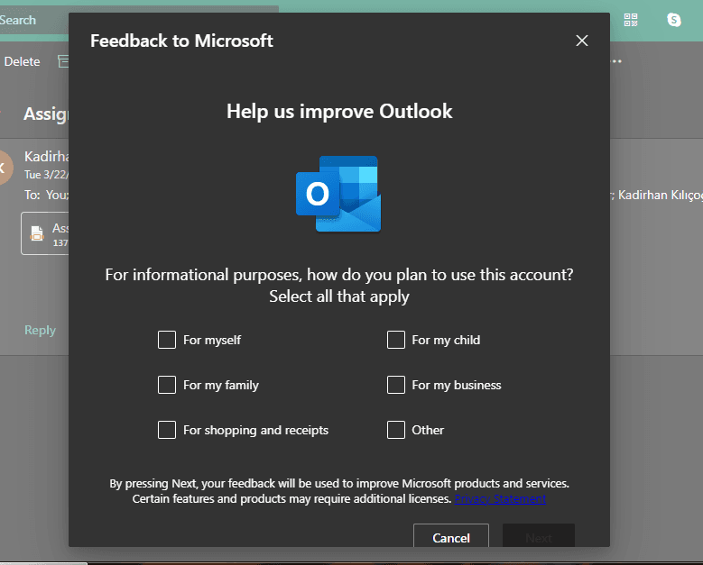 Outlook modal titled Help us improve Outlook asking how you plan to use this account, with six tick-box options