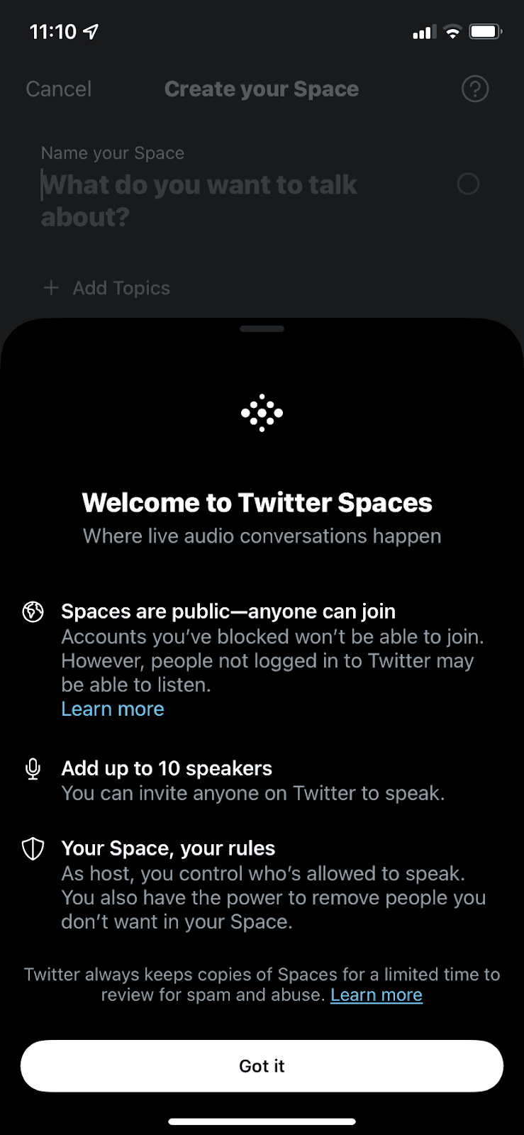 Twitter slideout, Welcome to Twitter Spaces, with three points and icons and a Got it button