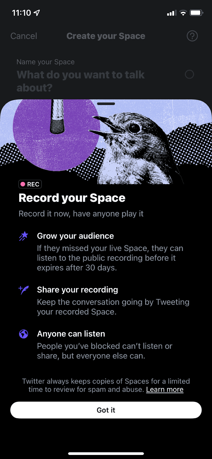 Twitter slideout, Record your Space, with a bird and microphone illustration, three points and Got it