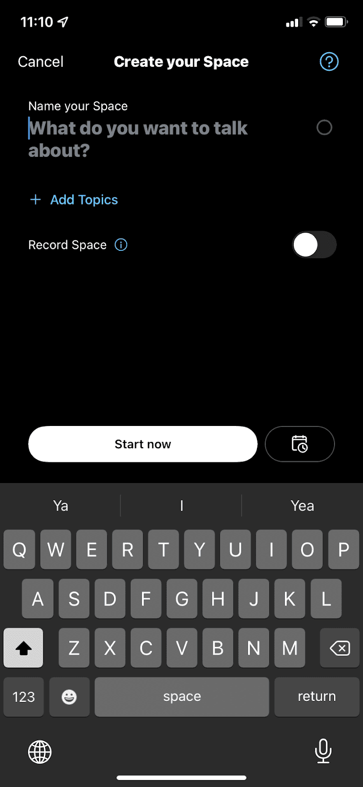 Twitter Create your Space screen with a Record Space toggle, an info icon and a help icon