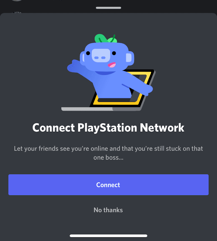Discord slideout modal, Connect PlayStation Network, with a waving mascot, a Connect button and No thanks