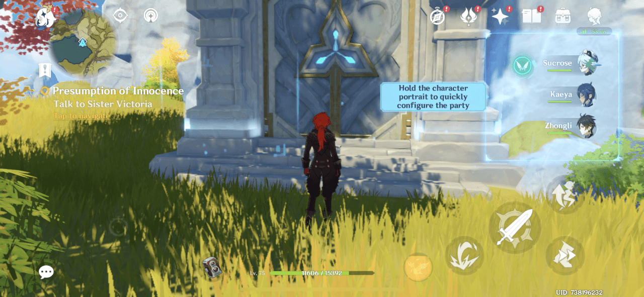 Genshin Impact tooltip reading Hold the character portrait to quickly configure the party, beside a glowing party list