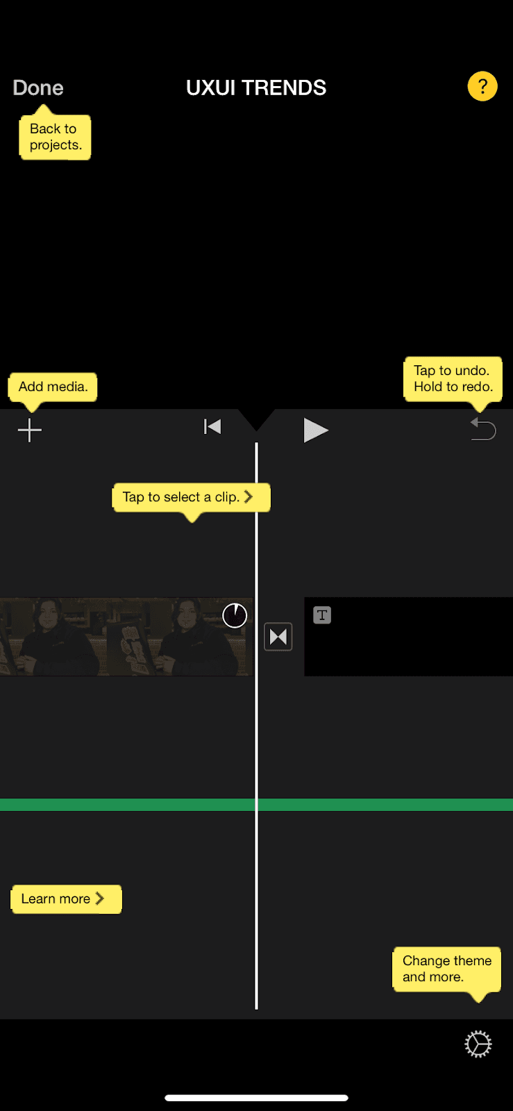 iMovie editor on iPhone with yellow labels on each control, such as Add media, Tap to select a clip and Change theme and more