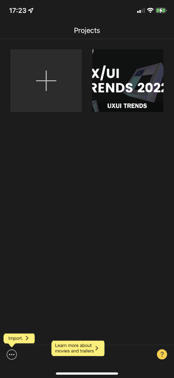 iMovie Projects screen with yellow labels for Import and Learn more about movies and trailers, and a question mark button