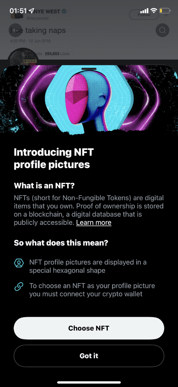 Twitter slideout titled Introducing NFT profile pictures, explaining what an NFT is, with Choose NFT and Got it buttons