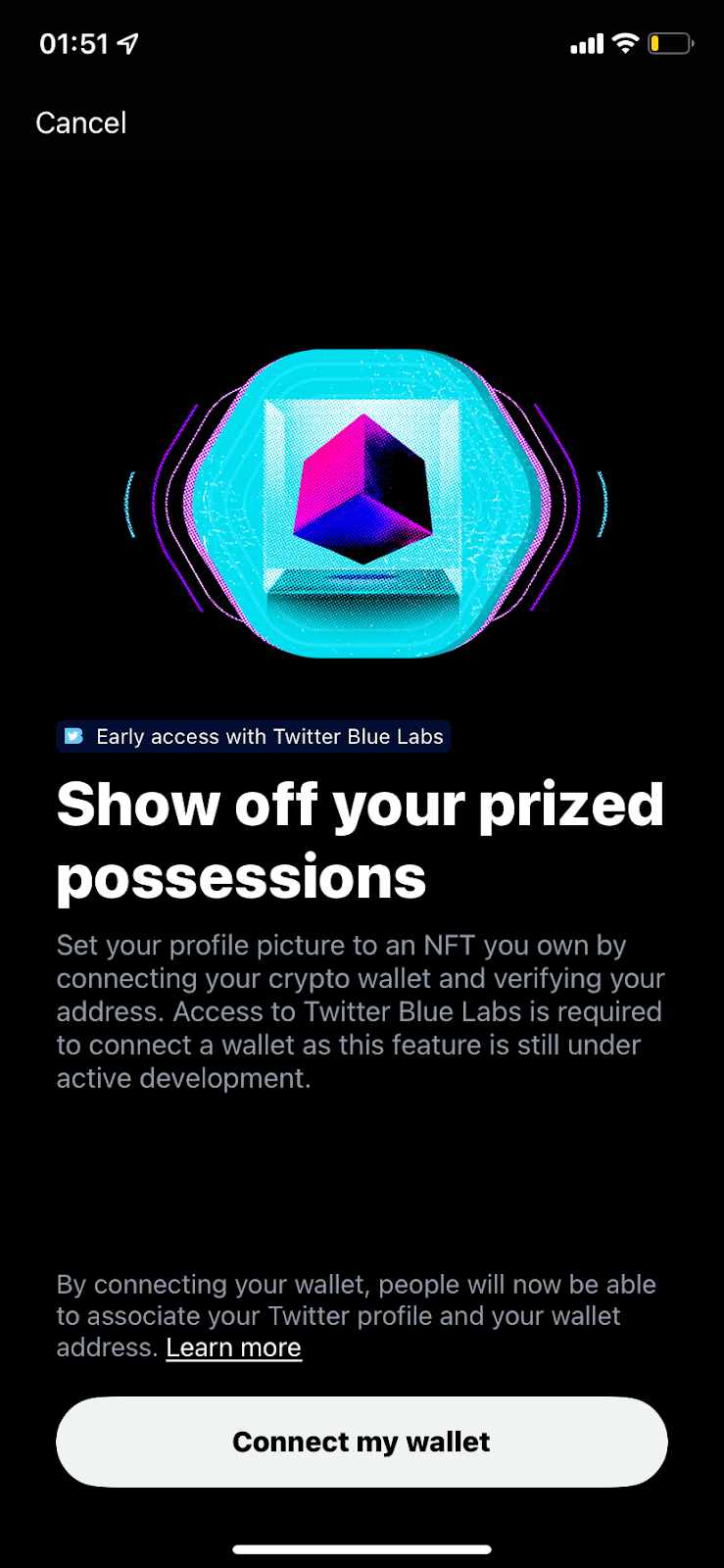Twitter full-screen page headed Show off your prized possessions, with a cube illustration and a Connect my wallet button