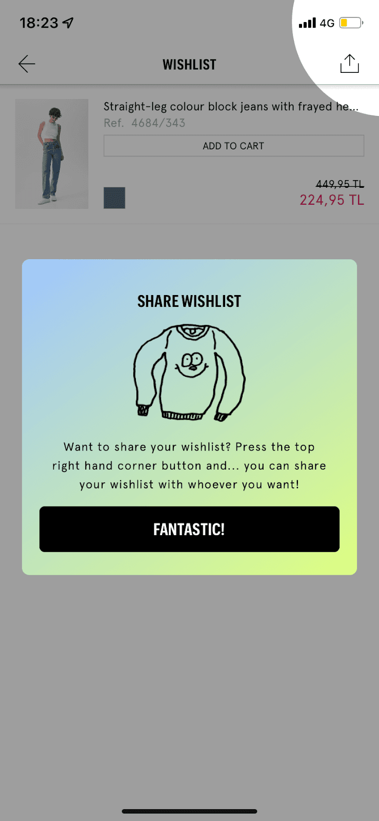 Zara app Share Wishlist modal with a jumper doodle and a Fantastic! button, and the share icon spotlighted top right