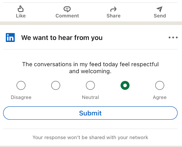 LinkedIn feed card titled We want to hear from you, with a five-point Disagree to Agree scale and a Submit button