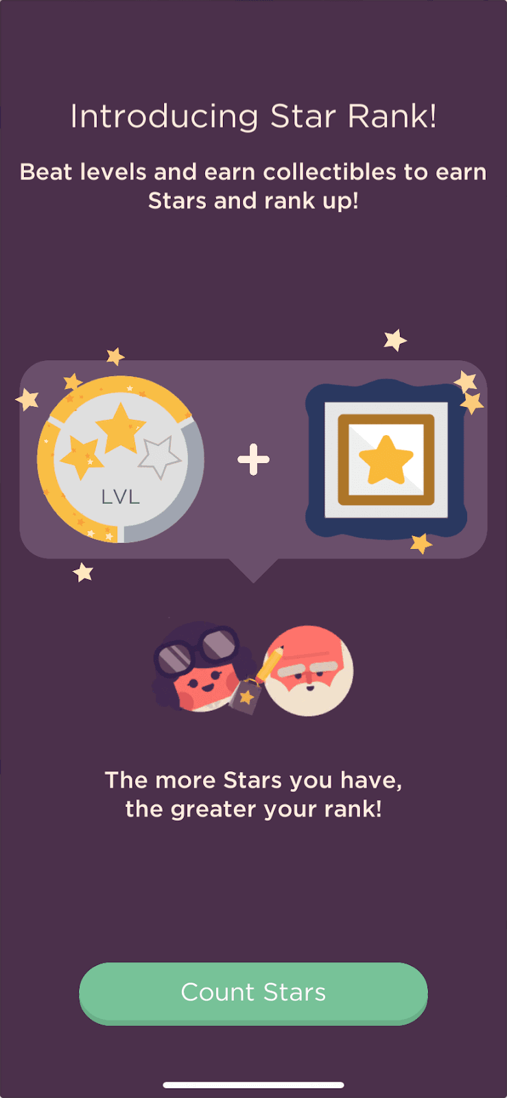 Two Dots screen Introducing Star Rank, explaining that levels and collectibles earn Stars, with a Count Stars button