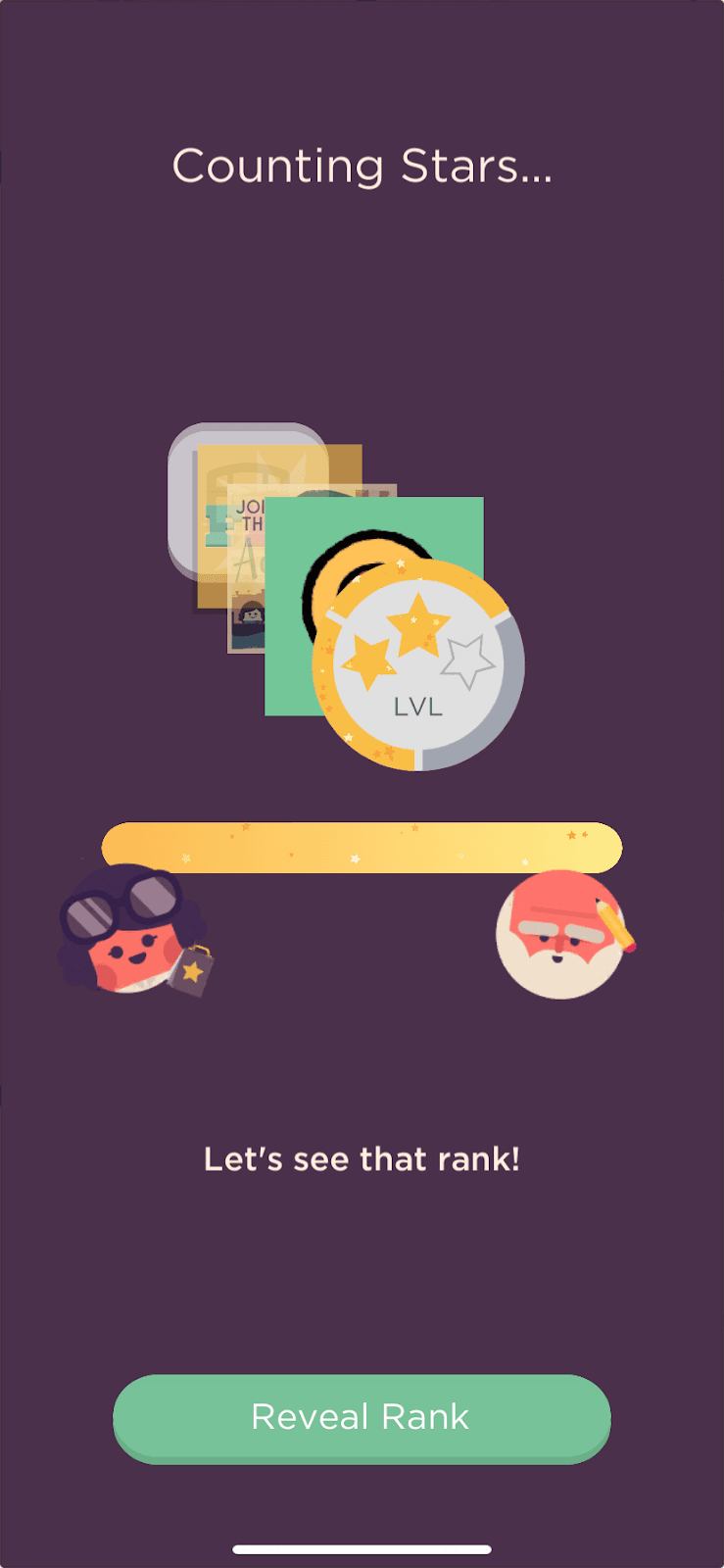 Two Dots Counting Stars screen with a filling star bar, two character avatars and a Reveal Rank button