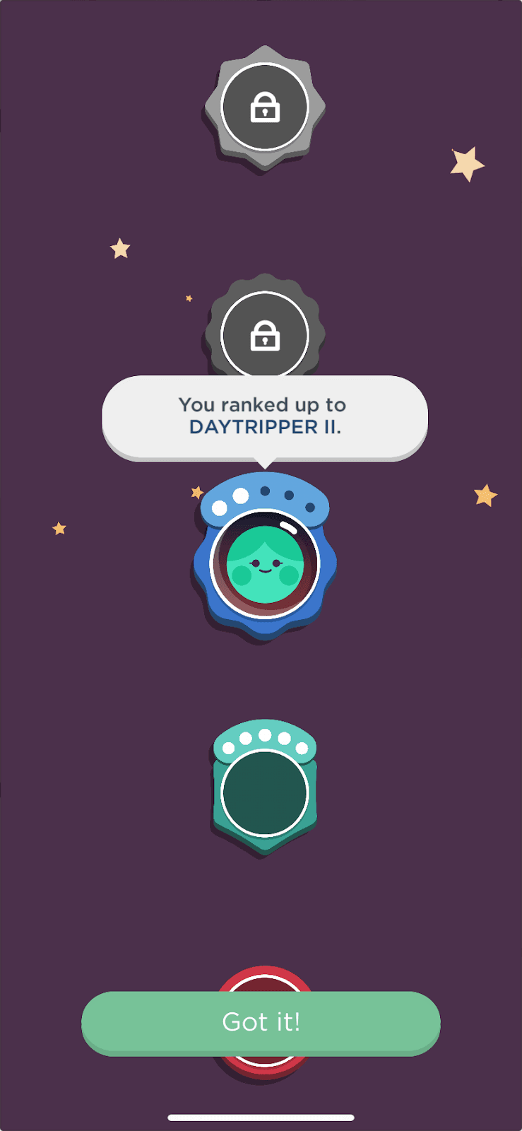 Two Dots rank ladder with a bubble saying You ranked up to Daytripper II and a Got it button