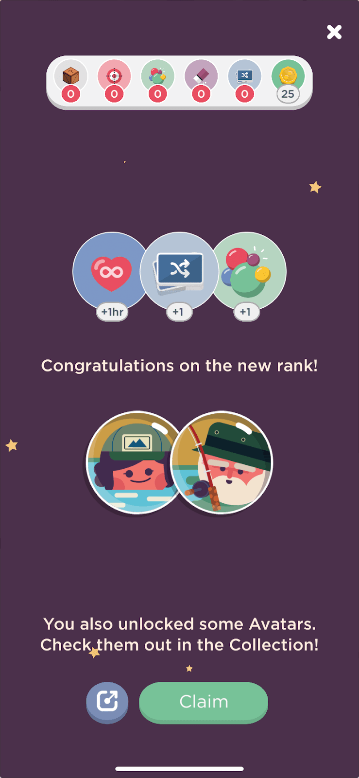 Two Dots Congratulations on the new rank screen showing rewards and unlocked avatars, with a Claim button