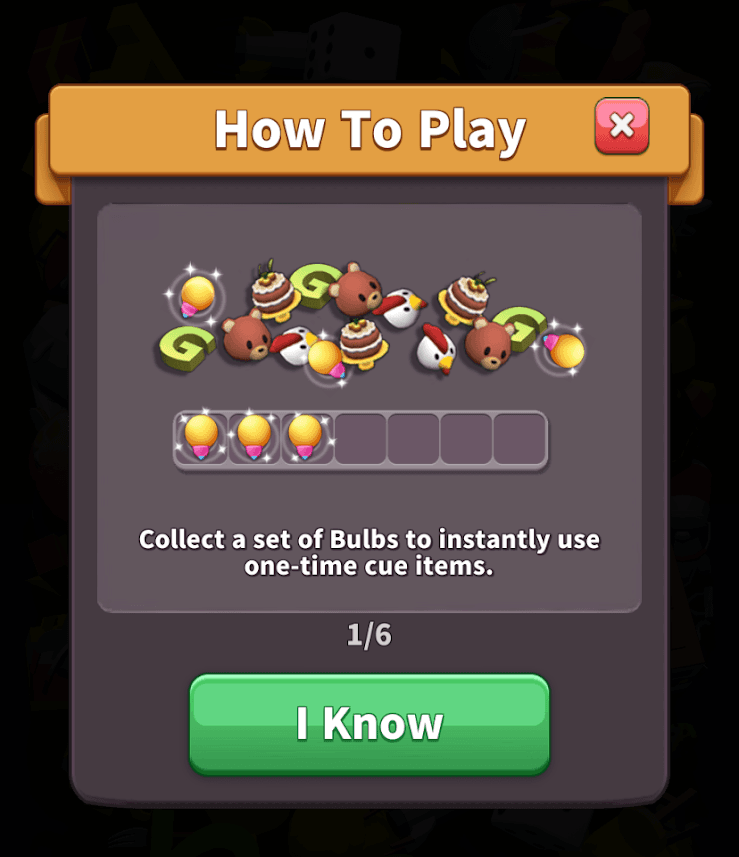 Tile Master 3D How To Play modal, step 1 of 6, showing tiles and bulbs being collected, with an I Know button