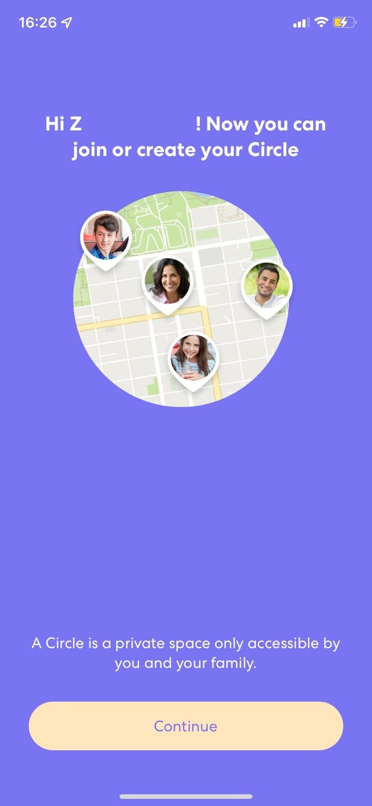 Life360 screen saying "Now you can join or create your Circle" over a map with family photos, and a Continue button