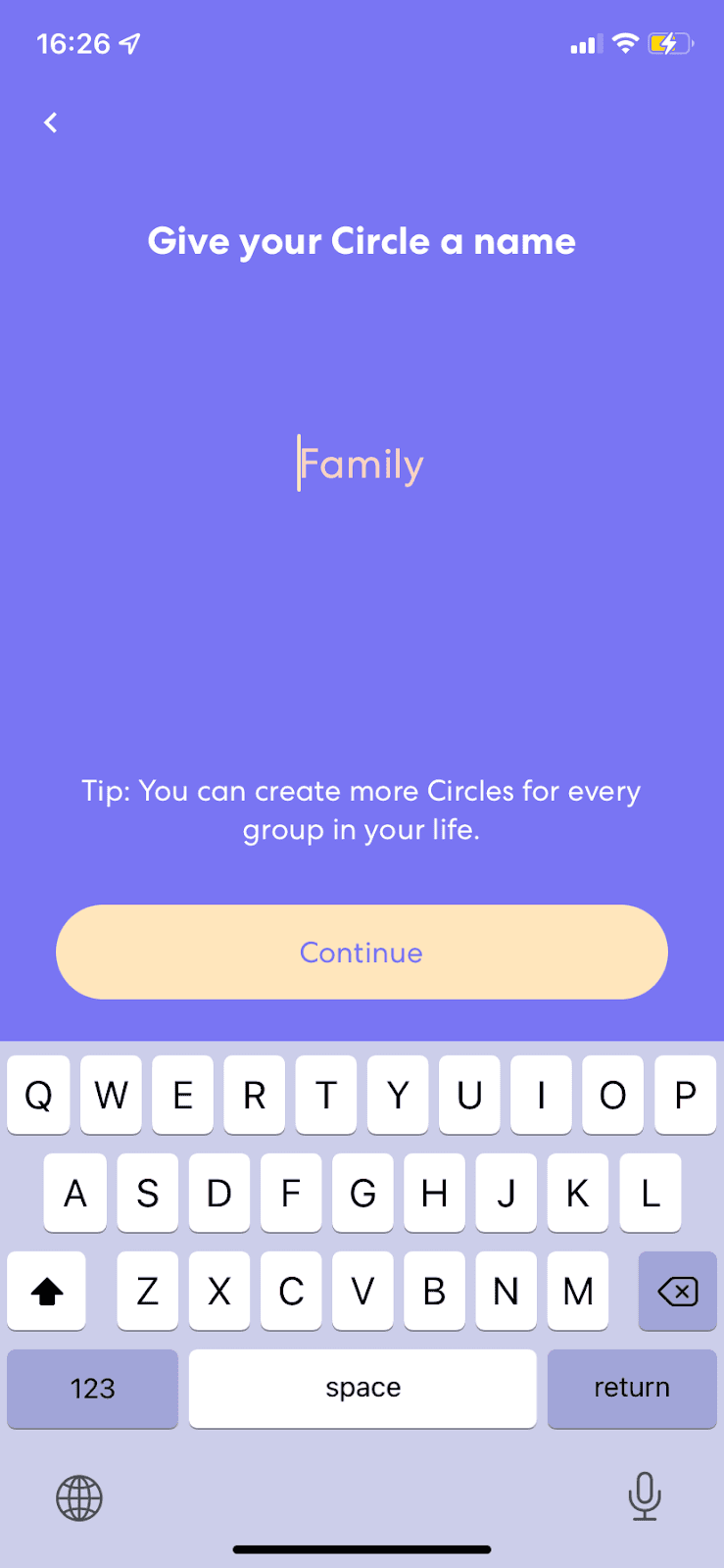 Life360 screen titled Give your Circle a name, with Family as the placeholder and a tip about creating more Circles