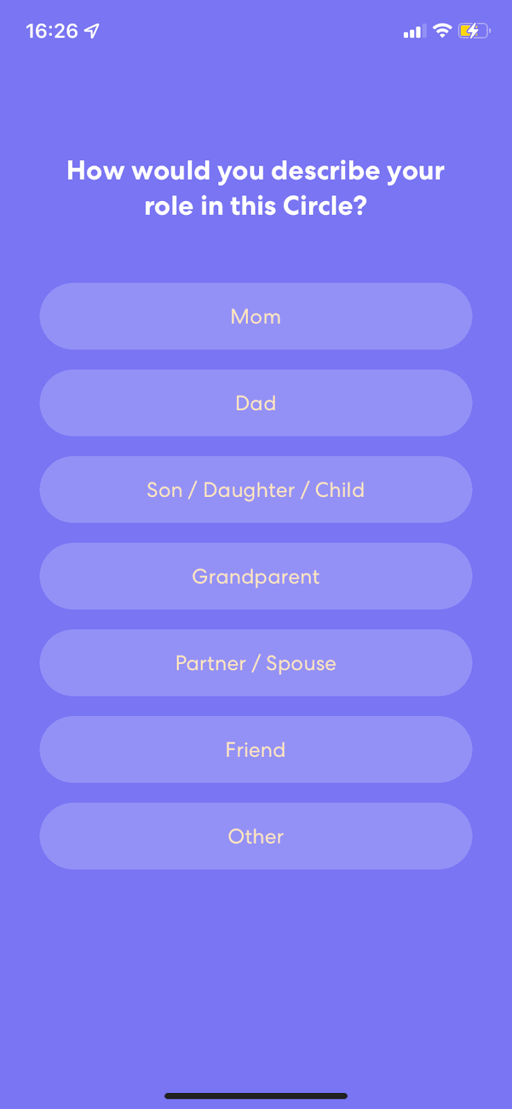 Life360 screen asking How would you describe your role in this Circle? with options from Mom to Other