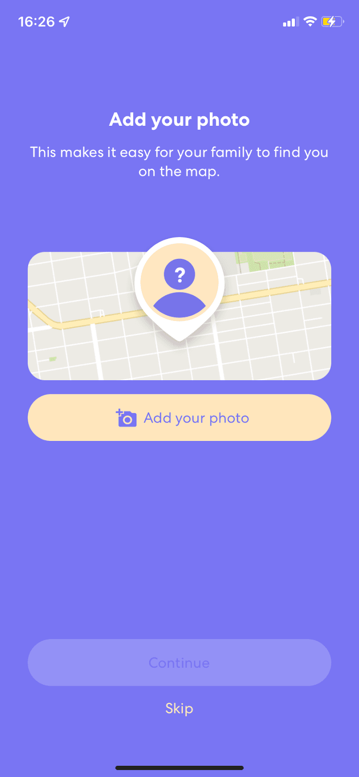 Life360 Add your photo screen with a placeholder pin on a map, an Add your photo button and a Skip link