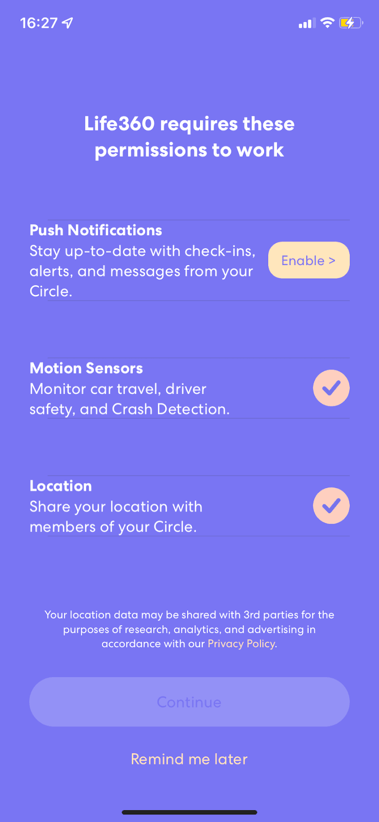 Life360 permissions screen explaining Push Notifications, Motion Sensors and Location, with a Remind me later link