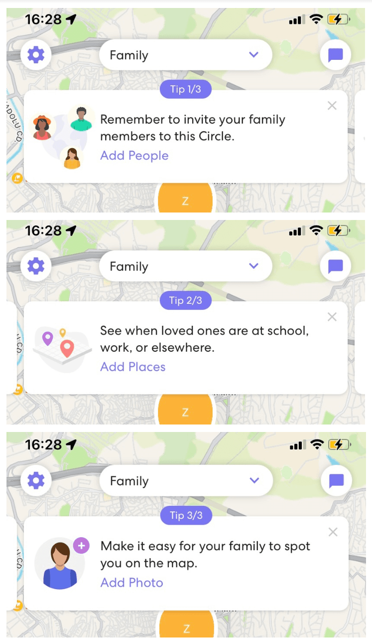 Three Life360 tip cards over a map, Tip 1/3 to 3/3, prompting users to add people, places and a photo