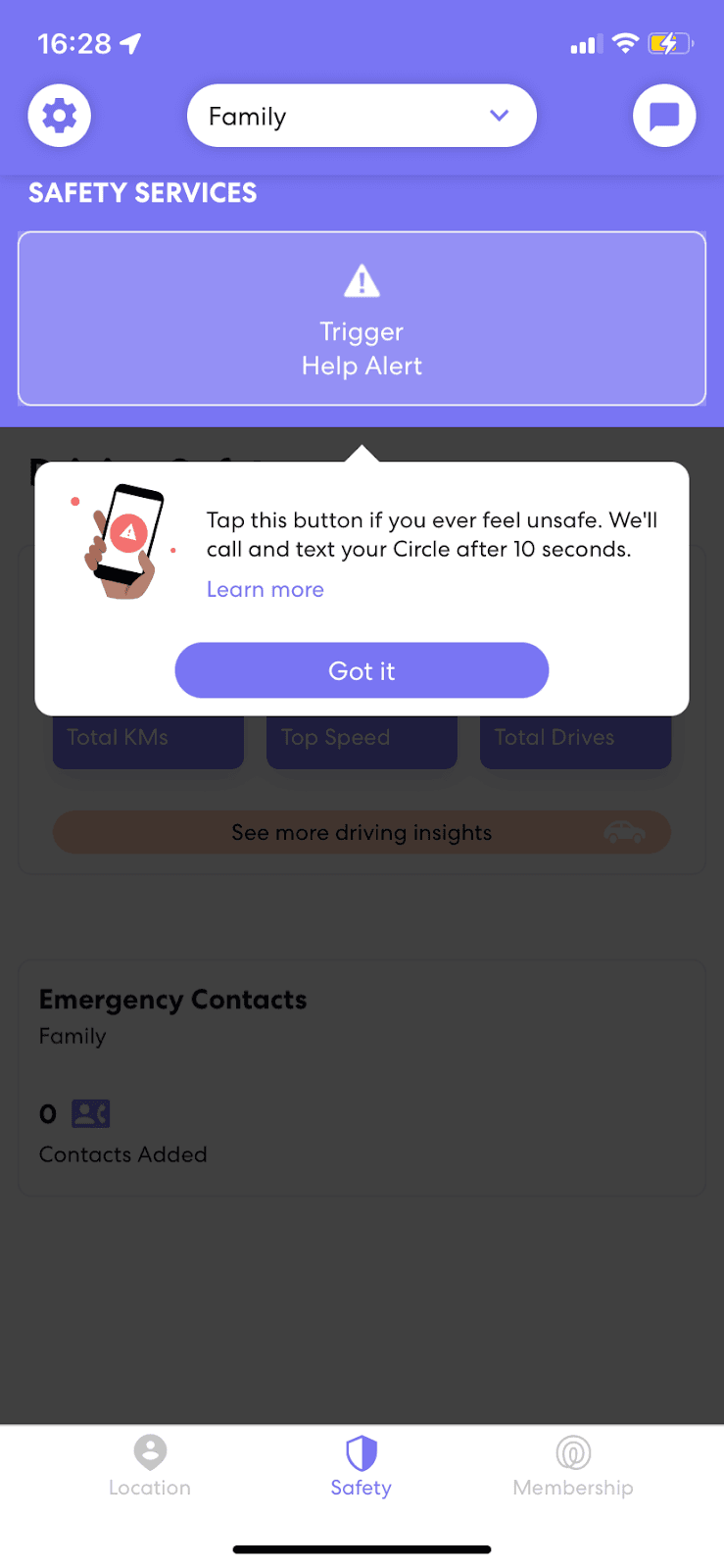Life360 Safety tab dimmed around a tooltip on Trigger Help Alert, with a Got it button