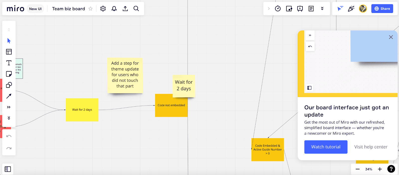 Miro slideout modal, Our board interface just got an update, with Watch tutorial and Visit help center buttons