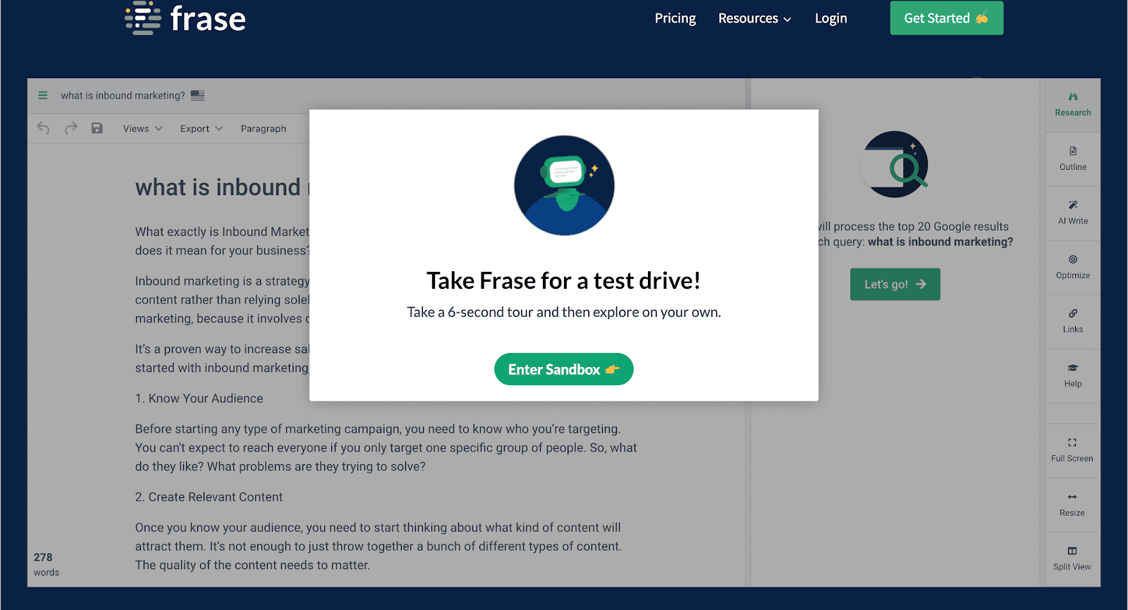 Frase sandbox modal reading Take Frase for a test drive, with a six-second tour offer and an Enter Sandbox button