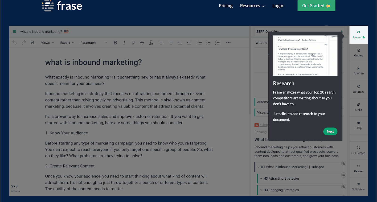 Frase sandbox tooltip on the Research panel explaining that Frase analyses the top 20 search results