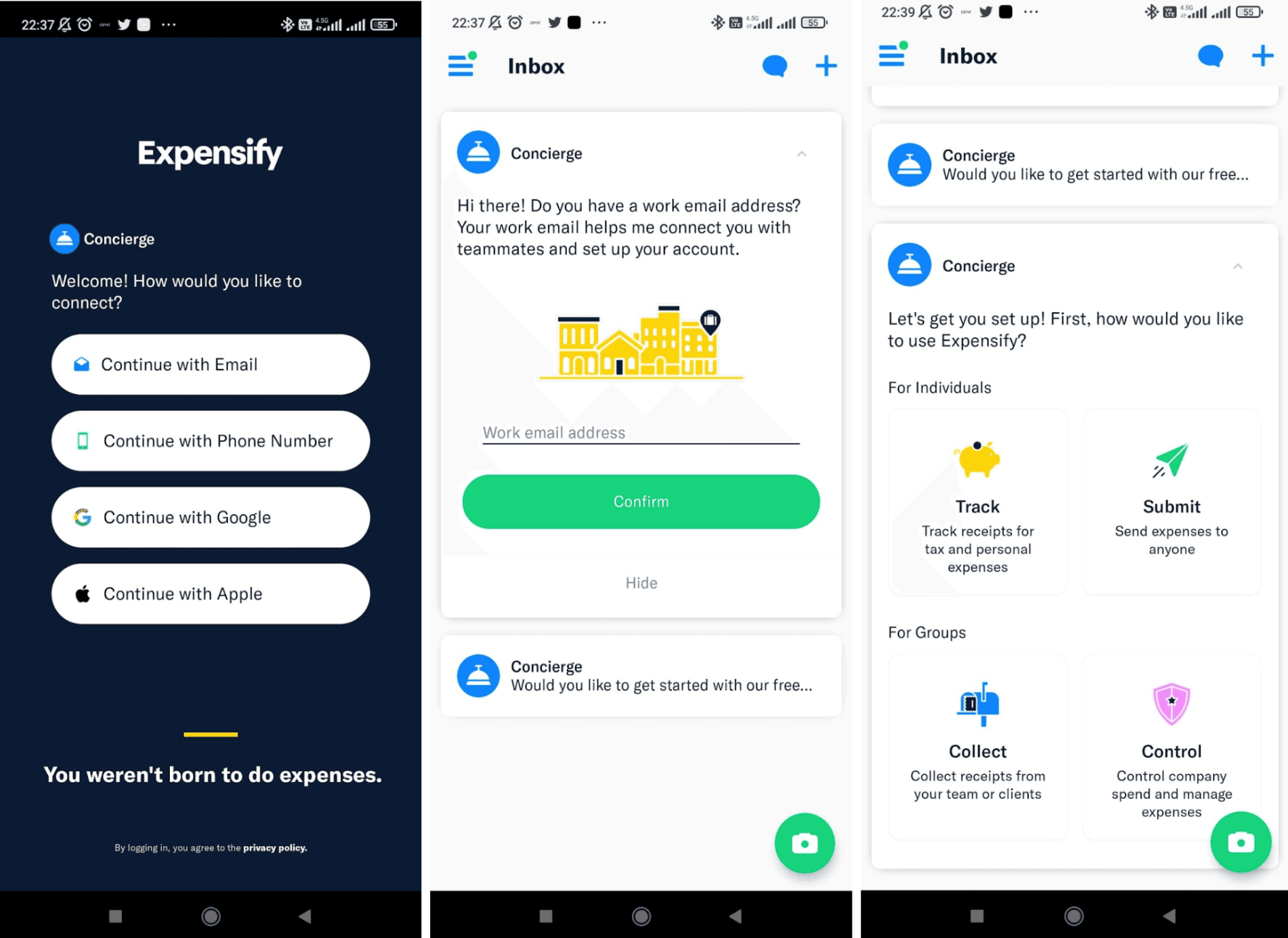 Three Expensify sign-up screens: connect options, a Concierge work email prompt, and Track, Submit, Collect or Control
