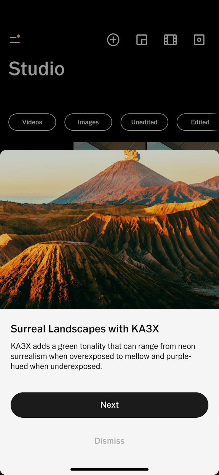 VSCO slideout about the KA3X preset, below a photo of volcanic mountains at sunset, with Next and Dismiss
