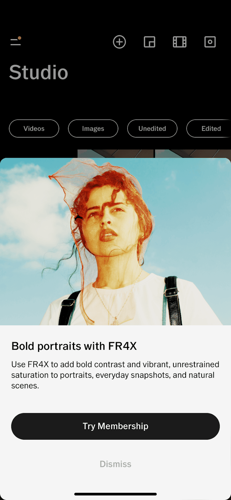 VSCO slideout titled Bold portraits with FR4X, showing a portrait photo and a Try Membership button
