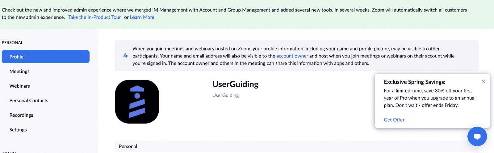 Zoom profile page with a slideout card in the corner headed Exclusive Spring Savings and a Get Offer link