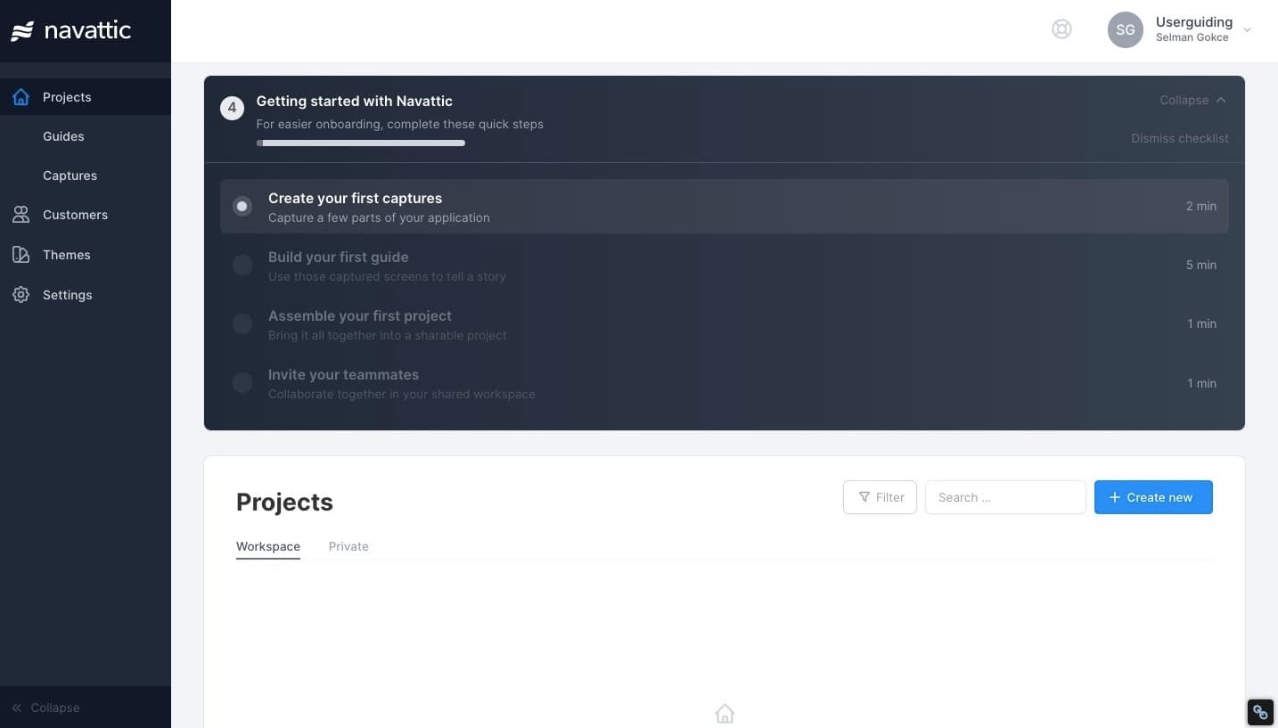 Navattic Getting started checklist with four steps and time estimates, a progress bar and Collapse and Dismiss options