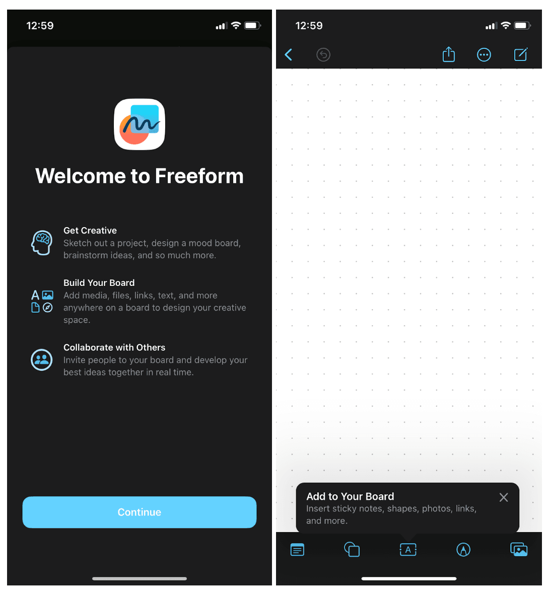 Freeform's Welcome to Freeform screen with three benefits and a Continue button, beside an Add to Your Board tooltip