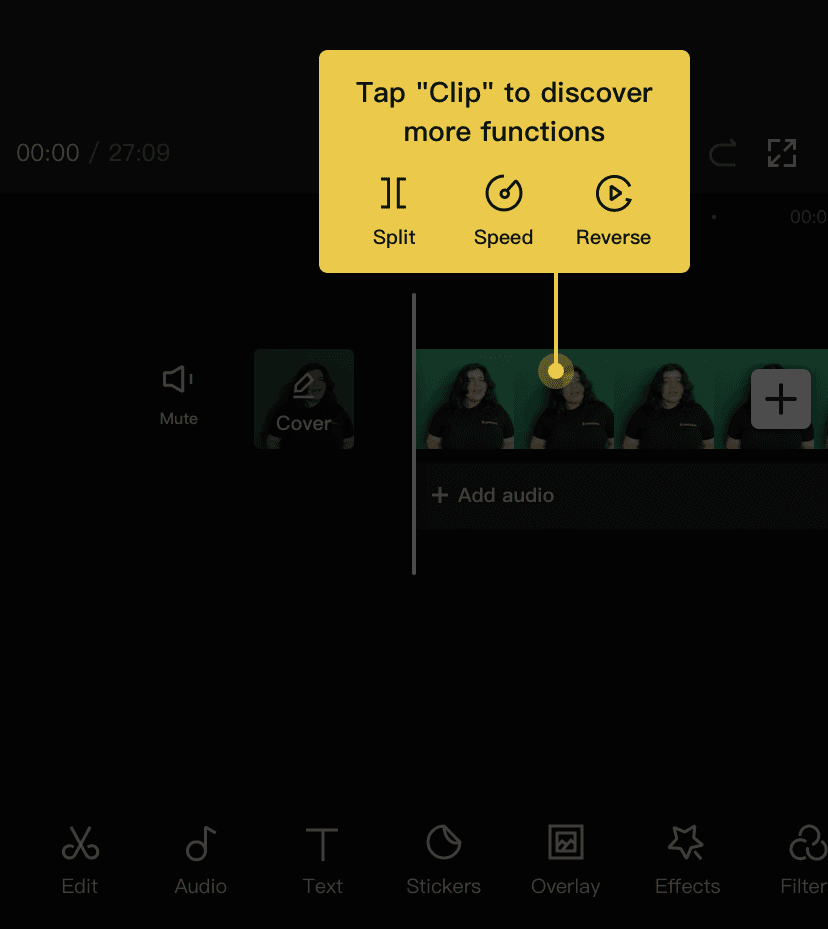 CapCut editor with a yellow tooltip, Tap Clip to discover more functions, linked to a hotspot on the video clip