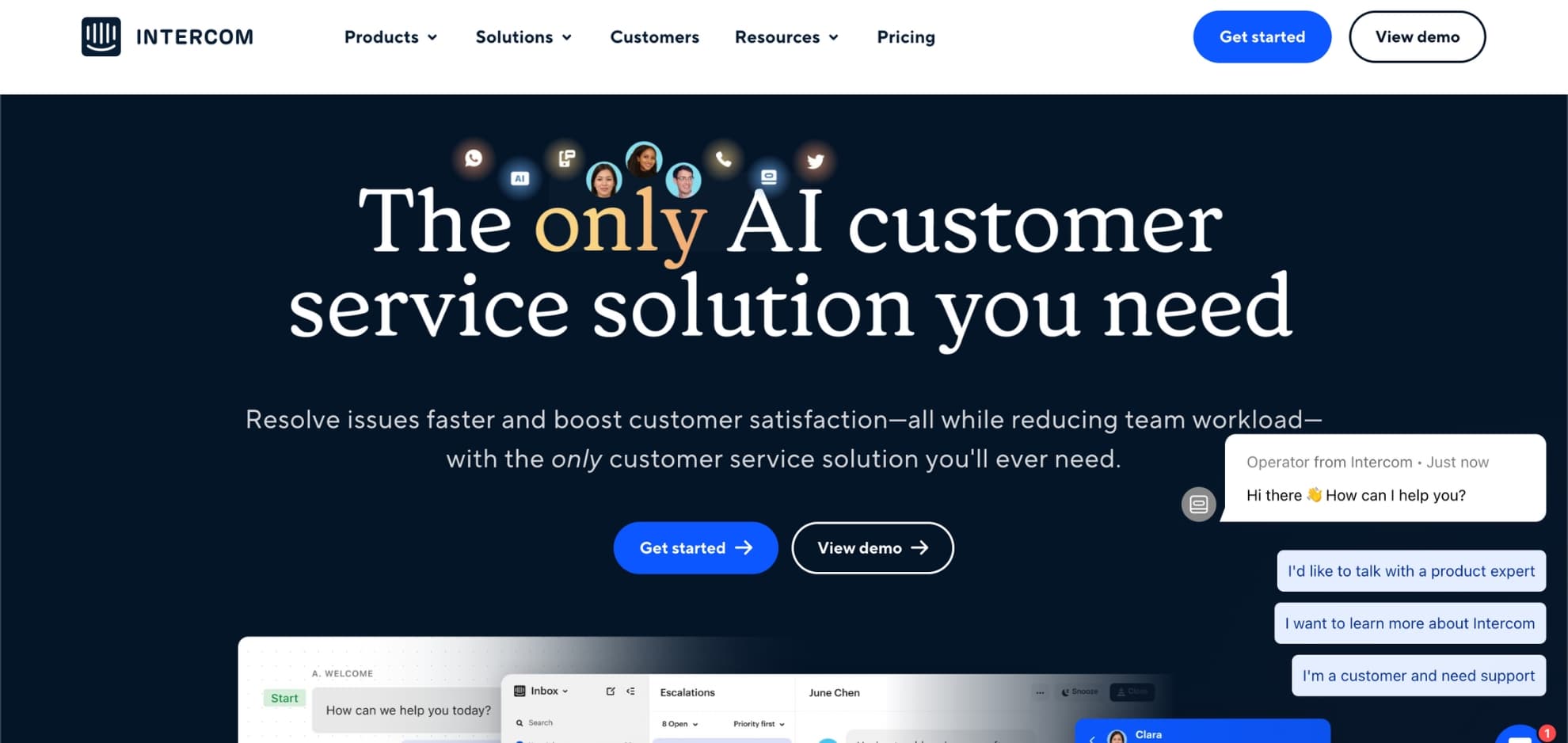 Intercom home page with the headline The only AI customer service solution you need and a chat widget