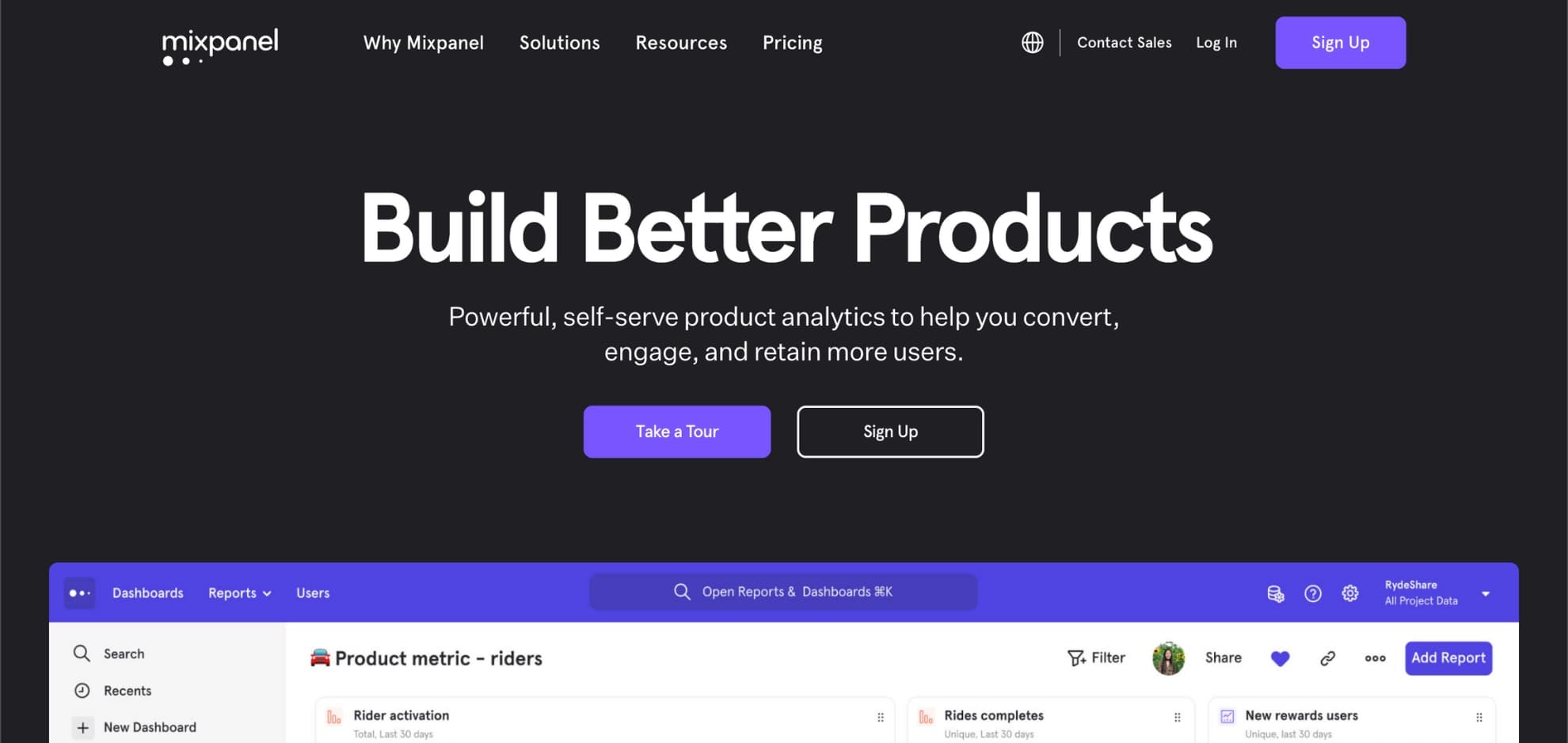 Mixpanel home page with the headline Build Better Products above a product metrics dashboard