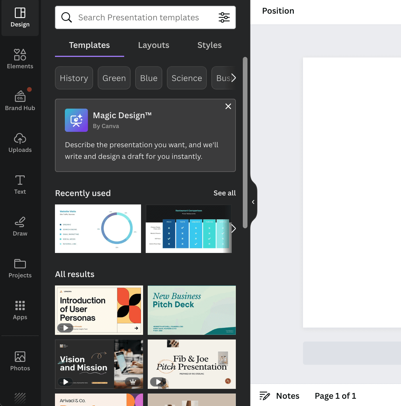 Canva’s Design panel with a Magic Design card above the templates: one line of copy, an icon and a close button