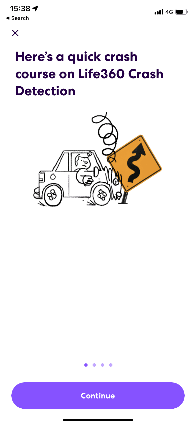 Life360 screen headed Here's a quick crash course on Life360 Crash Detection, with a car crash drawing and Continue