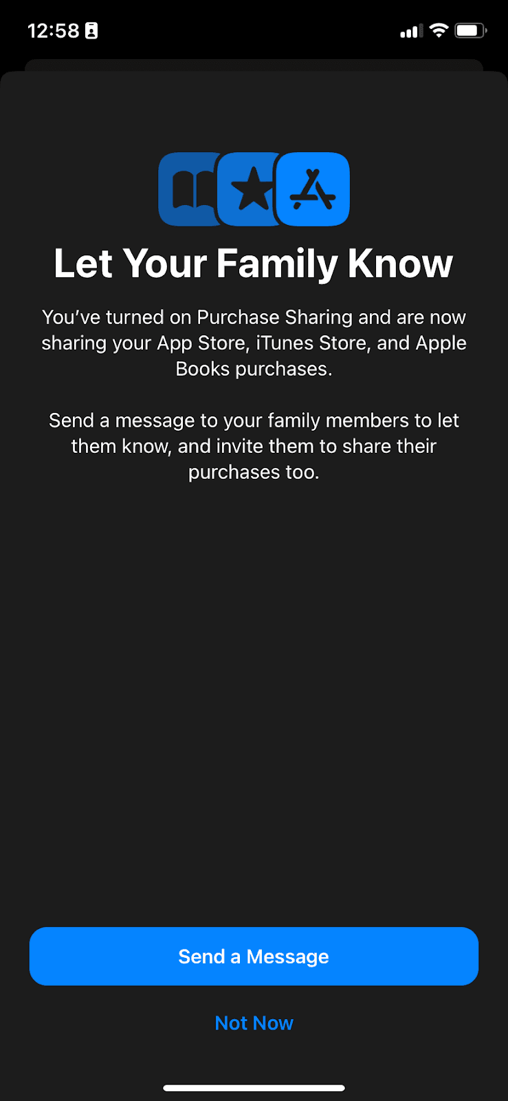 Apple’s Let Your Family Know screen with a Send a Message button and a Not Now link