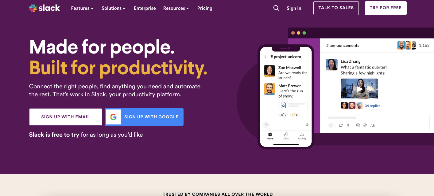 slack homepage