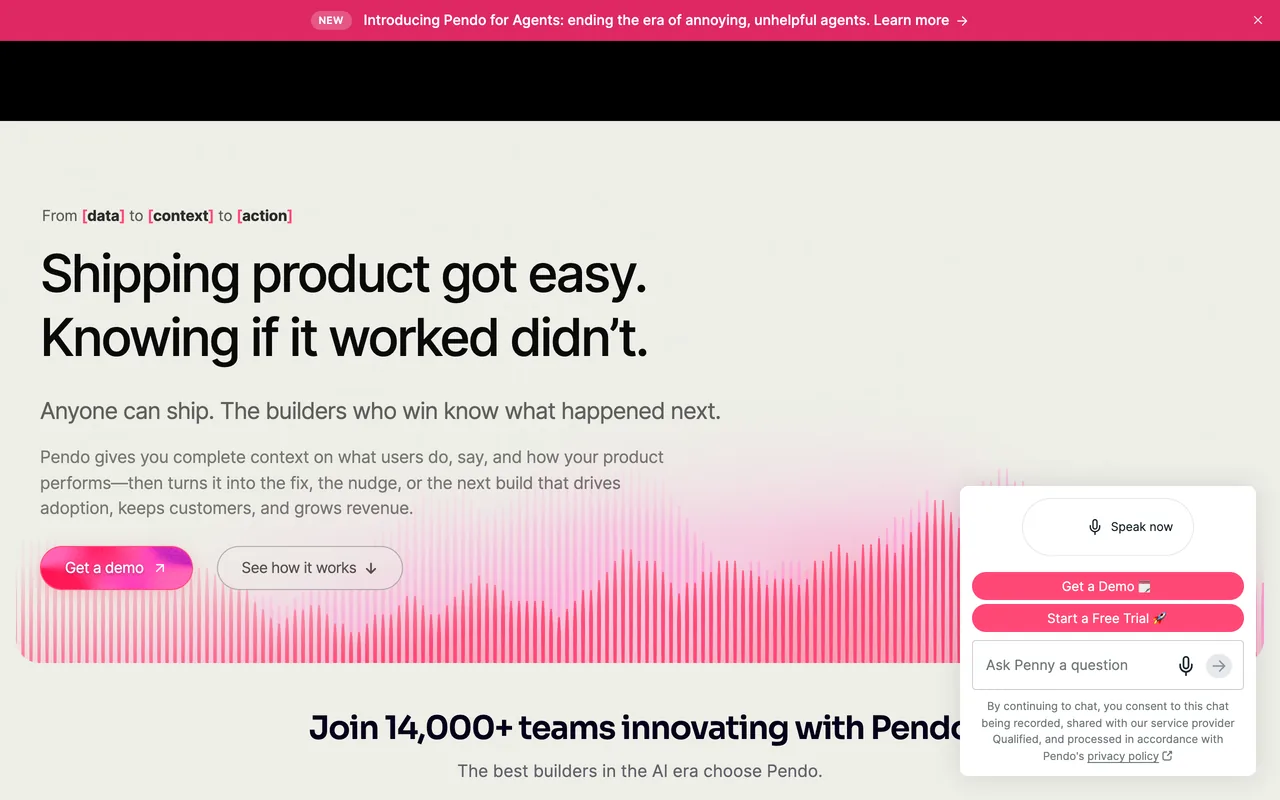 Pendo's homepage, October 2026